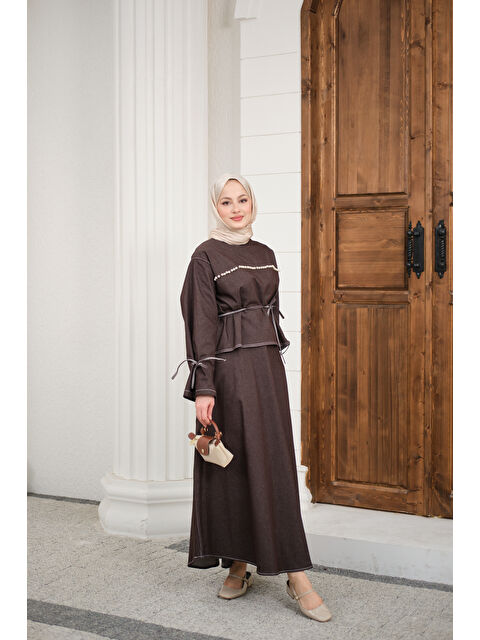 Locco Moda Kadın Önü İnci Detay Süs Dikiş Kemerli Hakim Yaka Takım Kahverengi - S000511213-19413