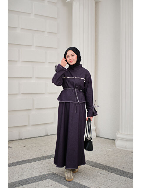 Locco Moda Kadın Önü İnci Detay Süs Dikiş Kemerli Hakim Yaka Takım Mor - S000511213-20042