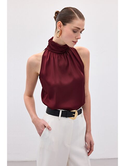 SATEEN Boğazlı Kolsuz Bluz - Bordo - S000323204-19951