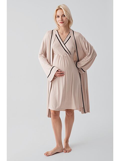 Artış Kısa Kollu Emzirme Bölmeli Esnek Viskoz Hamile Sabahlık Gecelik Takım 19417 - S000517315-19928