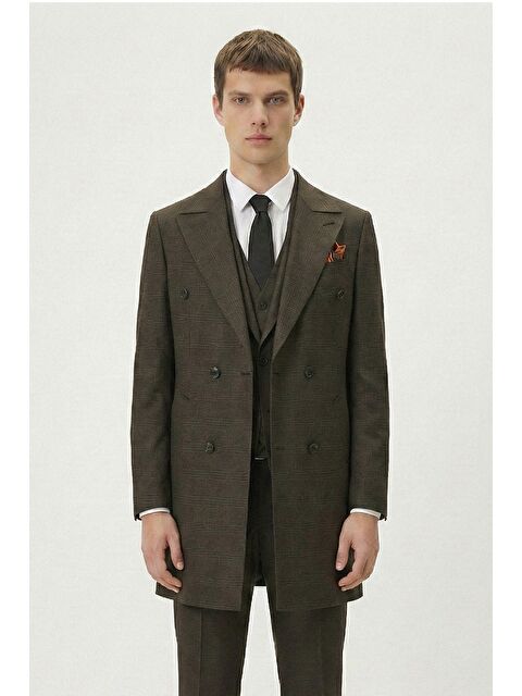 Sabri Özel Giotelli Haki Slim Fit Ekose Mono Yaka Kemerli Bel 6 Drop Dokuma Tam Astarlı 5'Li Erkek Takım Elbise - S000523691-18547