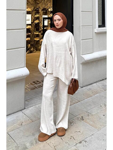 Lamelif Asimetrik Bisiklet Yaka Triko Takım Koyu Taş - S000515471-25636