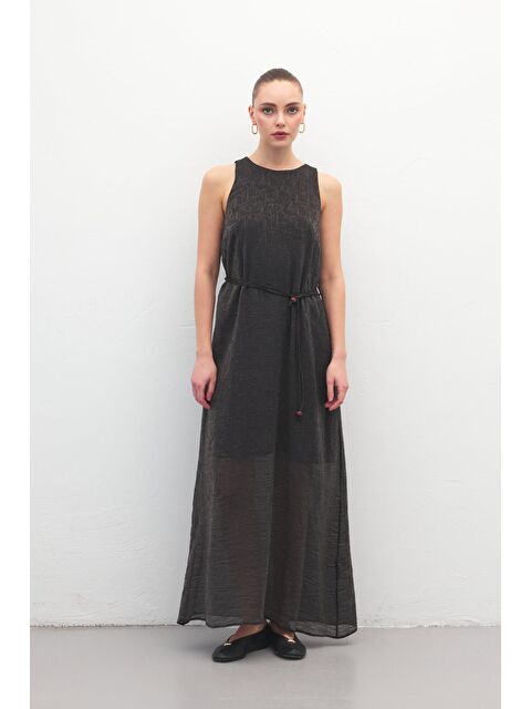 SATEEN Kemer Detaylı Uzun Elbise - Siyah