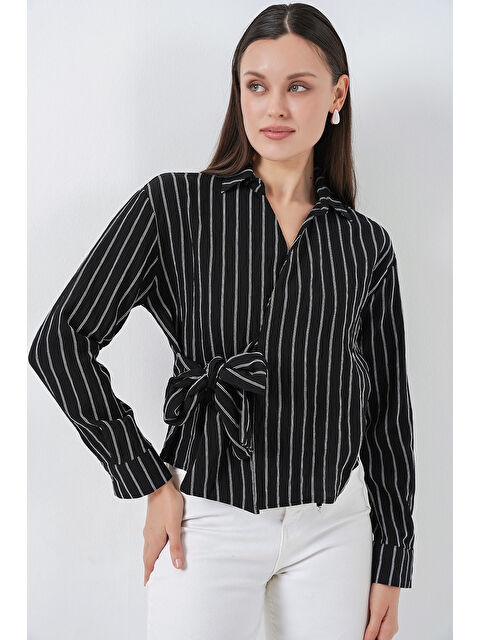 Bigdart Kadın Önü Bağlamalı Çizgili Gömlek 20362 - Siyah - S000510749-19351