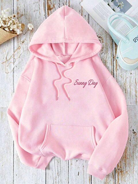 Trendseninle Kadın Pembe Simple Joy Baskılı Oversize Kapüşonlu Sweatshirt Hoodie - S000439743-20024
