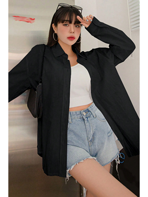 Tarz Cool Oversize Basic Uzun Kollu Gömlek Siyah - S000389166-19351
