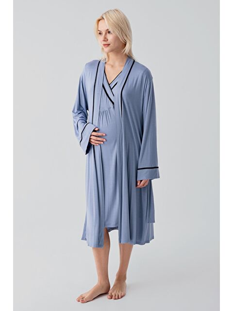 Artış Kısa Kollu Emzirme Bölmeli Esnek Viskoz Hamile Sabahlık Gecelik Takım 19417 - S000517315-23093