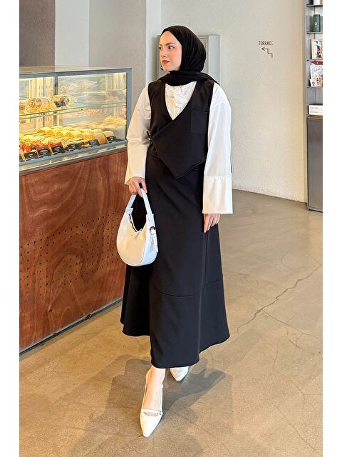 Lamelif Crop Yelek-Etekli İkili Takım Siyah - S000515414-19351