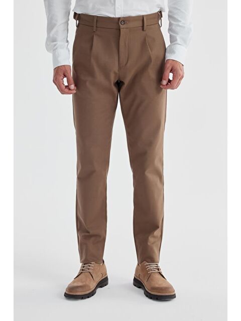 JAKAMEN Taba Comfort Fit Çift Pileli Beli Tokalı Pamuklu Kanvas Pantolon - S000496024-14955