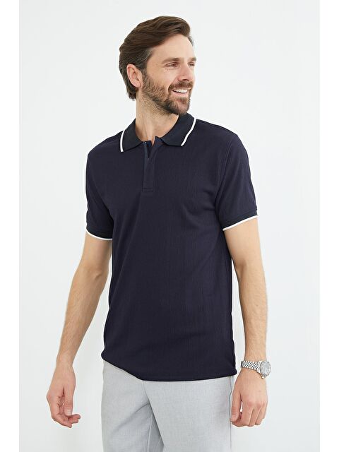 Fullamoda Çizgili Yarım Fermuarlı Polo Yaka Tişört