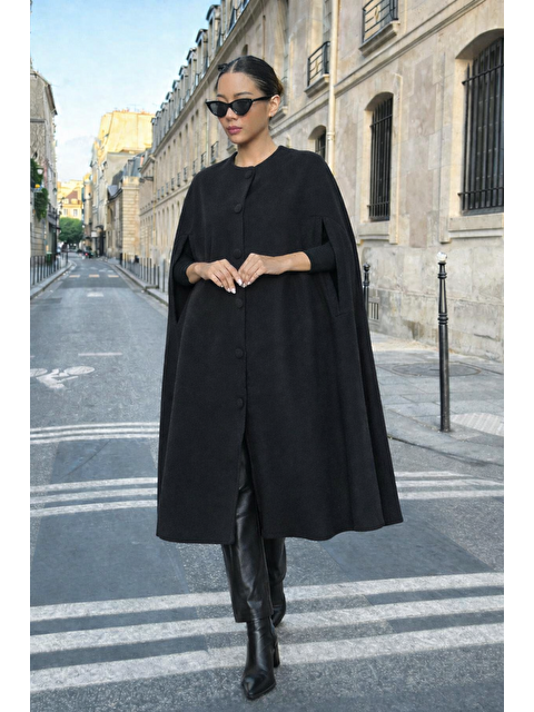 Comstar Kadın Günlük Kolsuz Bol Siyah Kaşe Panço