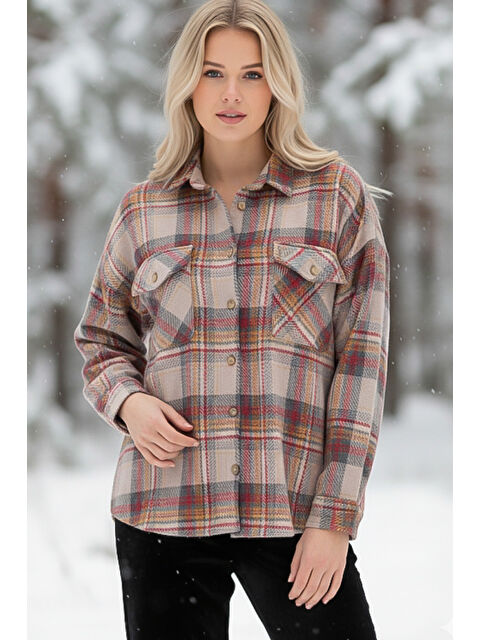 Chiccy Bej Gömlek Yaka Manşetli Kollu Ekose Çift Kapaklı Cepli Kalın Casual Oversize Dokuma Gömlek 68 66 - S000486432-19928