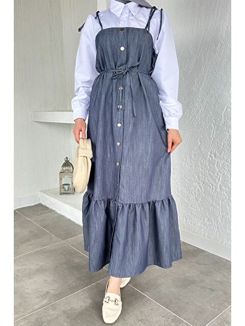 Julude Gülseli Boydan Düğmeli Bağlama Detaylı Garnili Tesettür Elbise