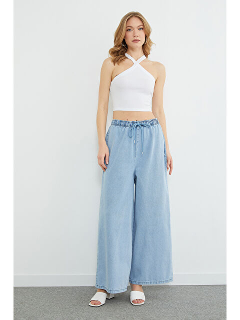 Fullamoda Beli Bağcıklı Taşlı Wide Leg Jean