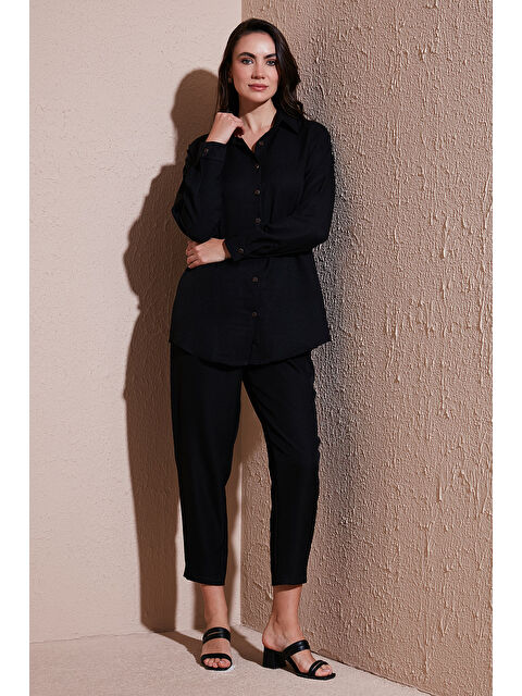 Lela Keten Karışımlı Regular Fit Lastikli Bel Uzun Kollu Kadın Alt Üst Takım 6696622 - S000380562-19351