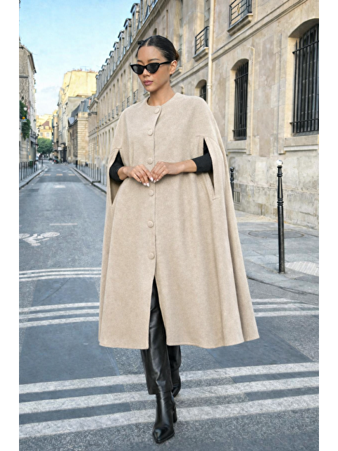 Comstar Kadın Günlük Kolsuz Bol Krem Kaşe Panço