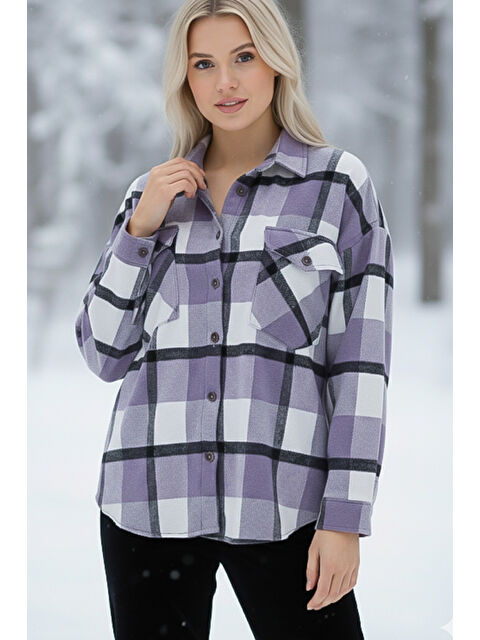 Chiccy Lila Gömlek Yaka Manşetli Kollu Ekose Çift Kapaklı Cepli Kalın Oversize Dokuma Gömlek 68 66 - S000486437-17878