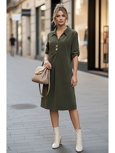 Chiccy Haki Gömlek Yaka Düğmeli Uzun Kollu Cepli Casual Kadife Dokuma Elbise 105 55 - S000486436-18547