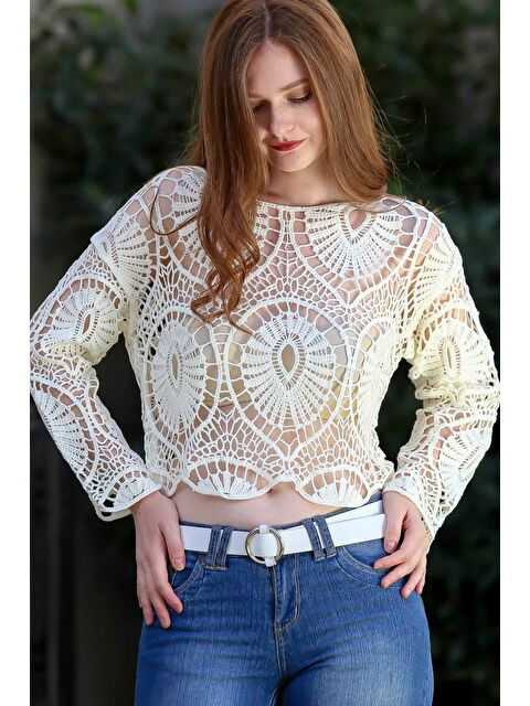 Chiccy Kadın Beyaz Retro Tığ İşi Örgü Damla Desenli Triko Bluz M10010200BL95879 - S000358743-20063