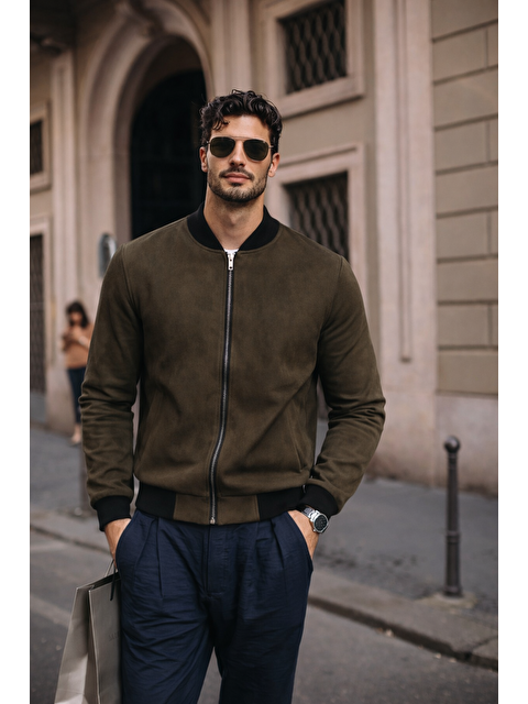 Comstar Erkek Relax Fit Haki Süet Nubuk Ceket