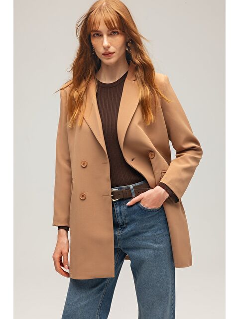 Saade Camel Kadın Oversize Dokuma Uzun Busines Ceket - Kapak Detaylı - S000497505-4557
