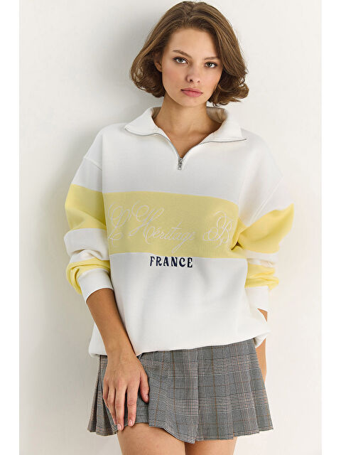 SHADE Kadın Yarım Fermuarlı Nakış Detaylı Renk Bloklu Oversize Sweatshirt - S000444402-37245