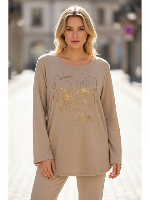 Chiccy İtalyan Bej Havuz Yaka Uzun Kol Çiçekli Varak Baskılı Casual Oversize Triko Bluz 75 75 - S000486435-19928