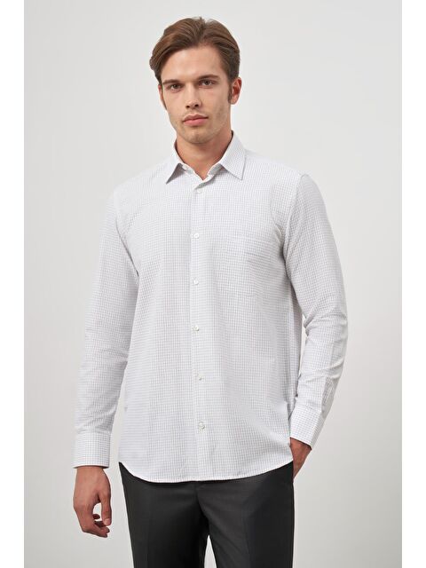 İMZA Beyaz Uzun Kol Kareli Desen Bez Ayağı Sert Yaka Cepli Pamuklu Classic Comfort Fit Gömlek 1004245158 - S000357333-17219