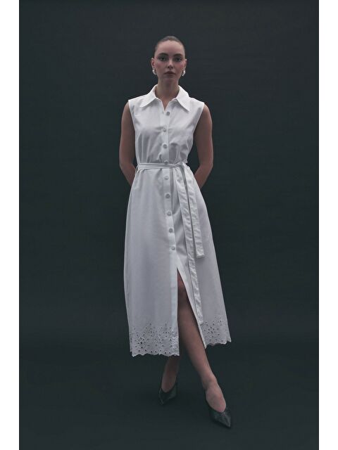 SATEEN Nakış Detaylı Uzun Elbise - Ekru - S000526969-19965