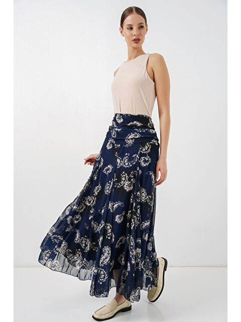 Bigdart Kadın Desenli Şifon Etek 8057 - Lacivert - S000505861-21164