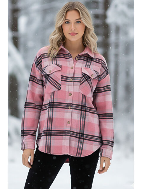 Chiccy Pembe-Siyah Gömlek Yaka Manşetli Kollu Ekose Çift Kapaklı Cepli Kalın Oversize Dokuma Gömlek 68 66 - S000486438-37396