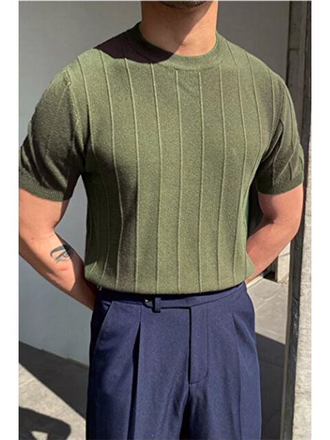 Tarz Cool Erkek Slim Dar Bisiklet Yaka Düz Triko T-Shirt