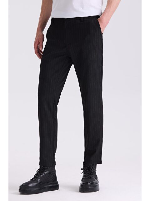JAKAMEN Siyah Slim Fit Cizgili Kanvas Pantolon - S000496028-19351