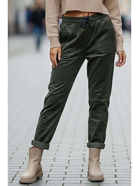 Chiccy Haki Cepli Lastikli Ve Bağlamalı Bel Jogger Paça Casual Kadife Dokuma Pantolon 100 60 - S000486440-18547