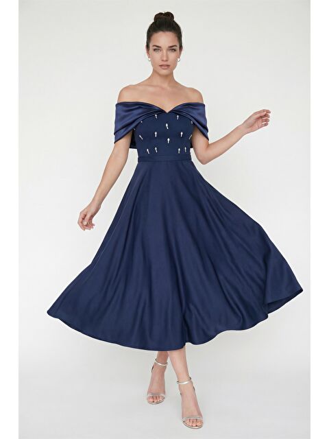 Lafaba Kadın Lacivert Kayık Yaka Taş Detay Kloş Söz Nişan Nikah Abiye Elbise - S000504570-21164