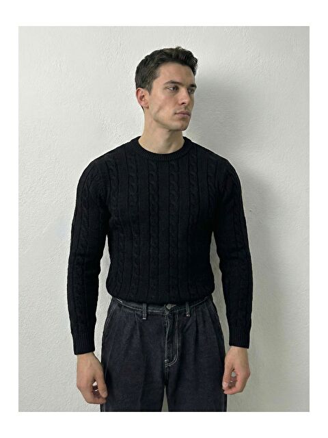 Tarz Cool Erkek Bisiklet Yaka Slim Fit Saç Örgülü Triko Kazak