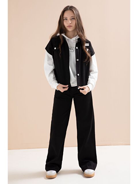 Cansın Mini Siyah Düğmeli Sıfır Kol Yelekli Geniş Paça Pantolonlu Kız Çocuk Kapüşonlu 3lü Takım 23602 - S000510887-19351