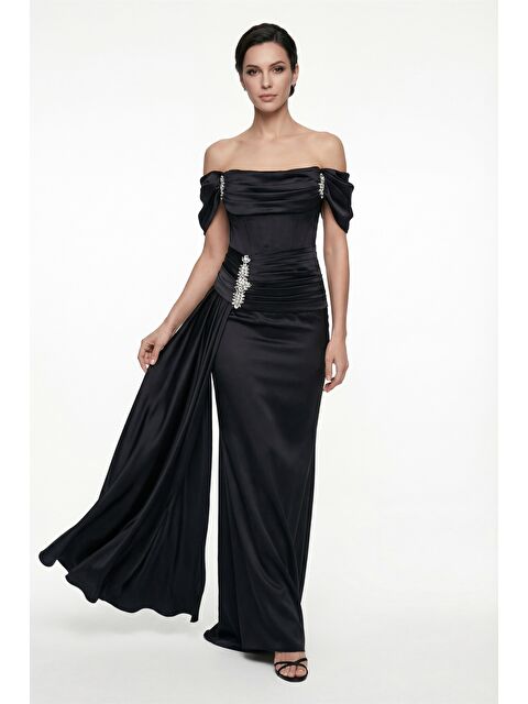 Lafaba Kadın Siyah Dar Kalıp Kayık Yaka Taşlı Uzun Abiye Elbise - S000504600-19351