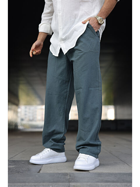 Comstar Erkek Trend Basic Bol Paça Petrol Baggy Keten Pantolon
