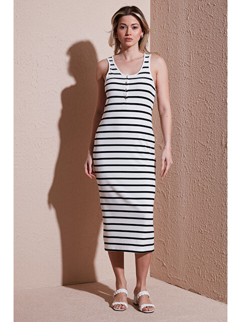 Fashion Friends Slim Fit Yuvalak Yaka Düğmeli Midi Boy Elbise 25Y0375K1 - S000375841-19965