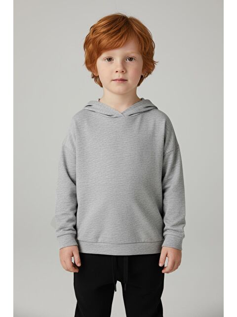 Luess Unisex Çocuk Basic Pamuklu Kapüşonlu Sweatshirt - Gri - S000468581-20600