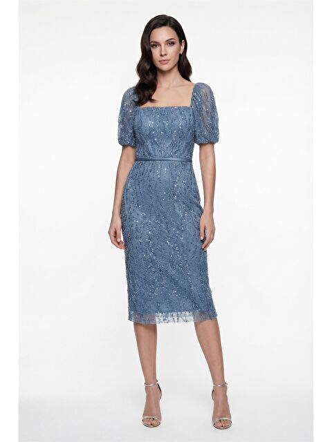 Lafaba Kadın İndigo Kare Yaka Balon Kol Midi Söz Nişan Nikah Abiye Elbise - S000504569-23093