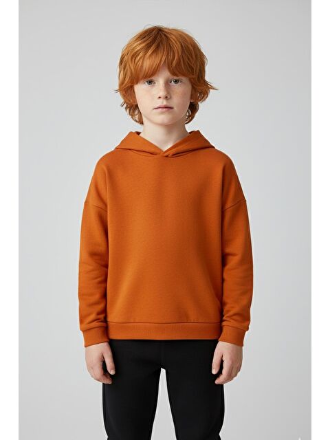 Luess Unisex Çocuk Basic Pamuklu Kapüşonlu Sweatshirt - Turuncu - S000468583-20013