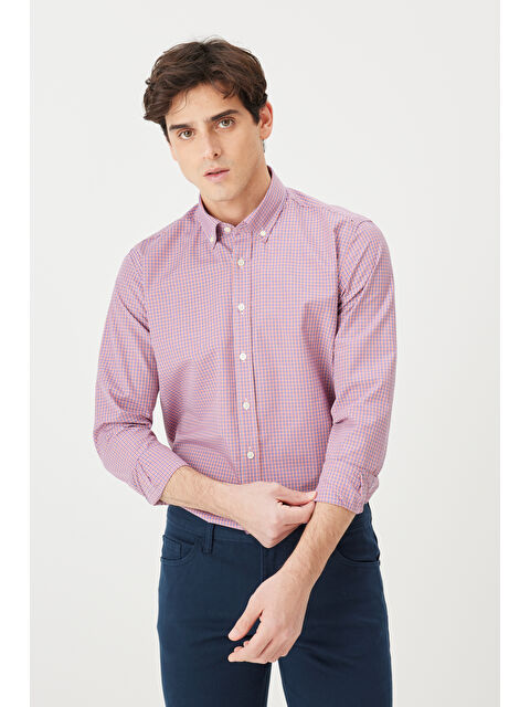 AC&Co / Altınyıldız Classics Erkek Turuncu Slim Fit Dar Kesim Düğmeli Yaka Pamuklu Kareli Gömlek