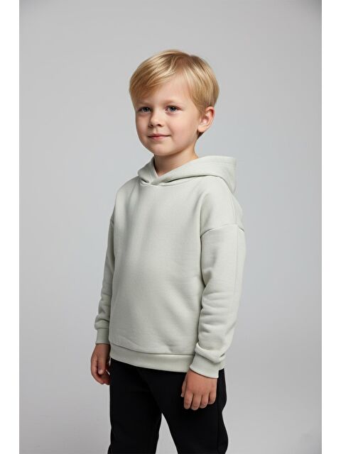 Luess Unisex Çocuk Basic Pamuklu Kapüşonlu Sweatshirt - Krem - S000468584-19966