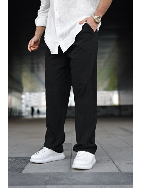 Comstar Erkek Trend Basic Bol Paça Siyah Baggy Keten Pantolon