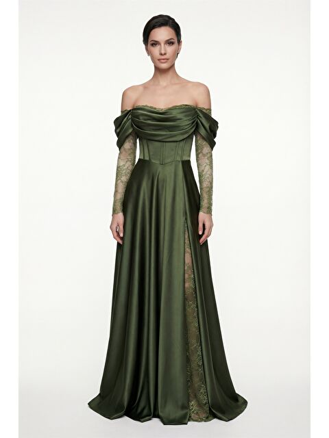 Lafaba Kadın Haki Dar Kalıp Dantel Detaylı Uzun Saten Abiye Elbise - S000451069-18547