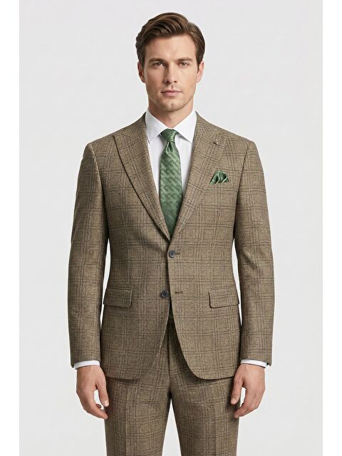 Sabri Özel Giotelli Camel Comfort Fit Ekose Mono Yaka Lastikli Bel 6 Drop Duble Paça Erkek Takım Elbise - S000523698-4557
