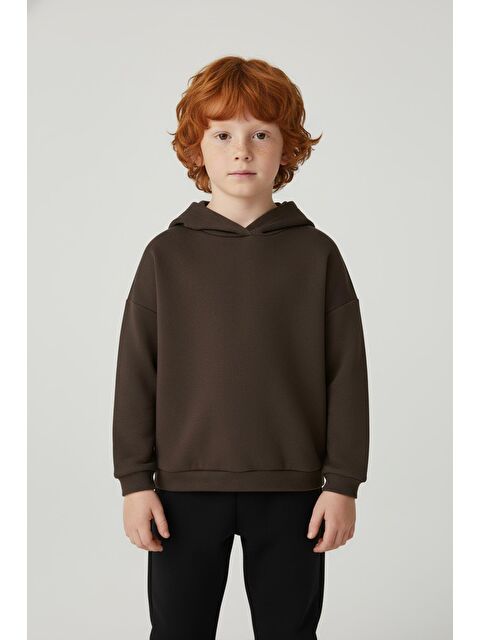 Luess Unisex Çocuk Basic Pamuklu Kapüşonlu Sweatshirt - Kahverengi - S000468588-19413