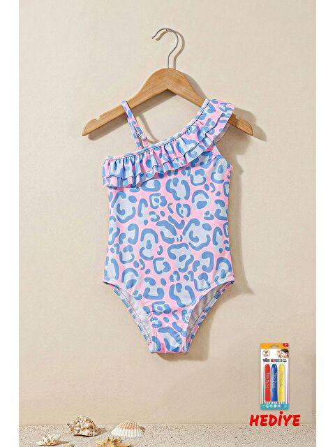 ZUZUNGA Renkli Leopar Desenli Asimetrik Yaka Fırfırlı Mayo